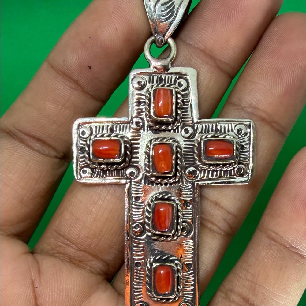 Artisan Silver and Orange Cross Necklace